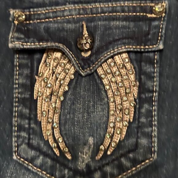 RARE MISS ME JEANS; LOW RISE  BOOTCUT EMBELLISHED SEQUIN SPLIT  WINGS  POCKETS - Picture 14 of 16